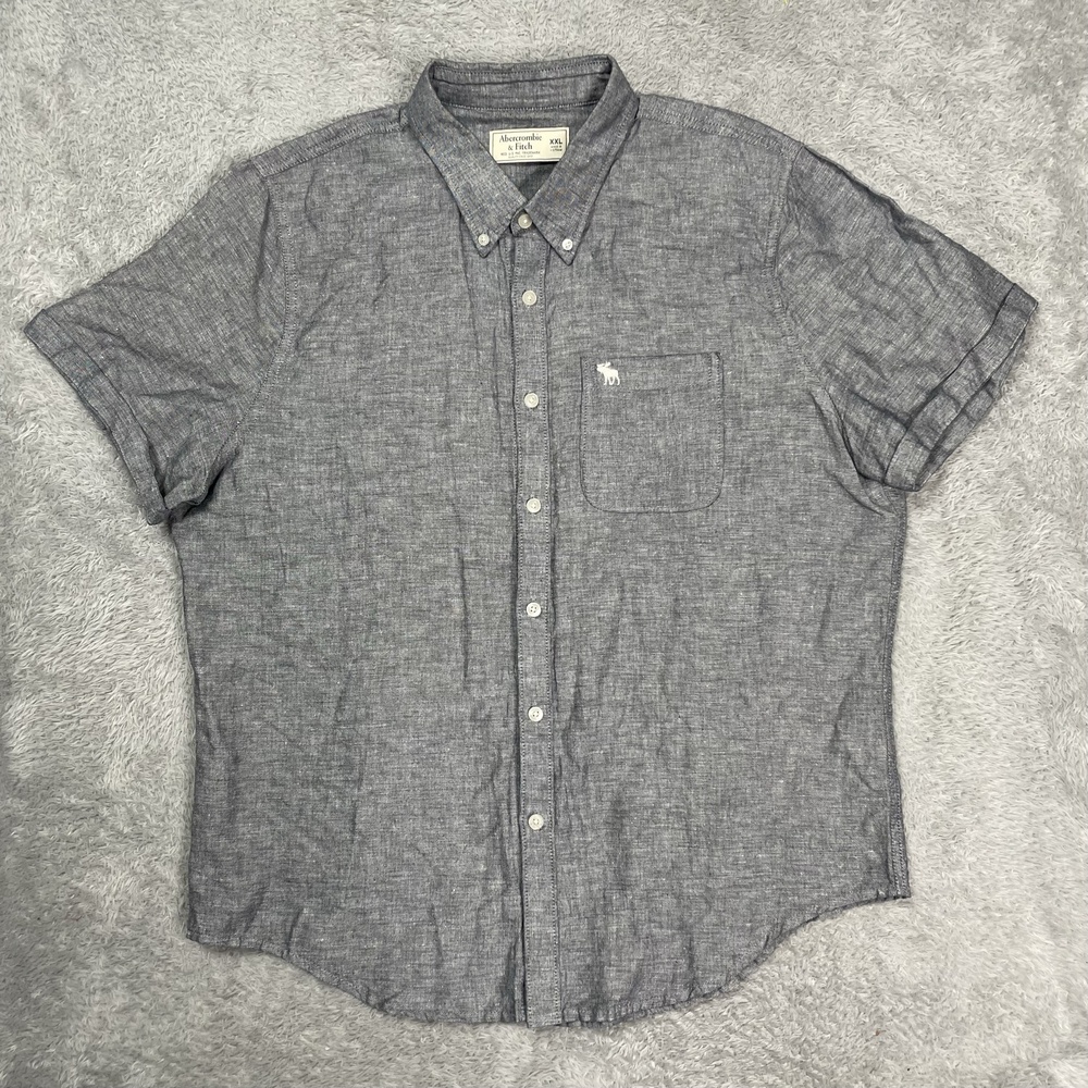 Abercrombie & Fitch Shirt Mens 2XL Gray Chambray Linen Blend Short Sleeve